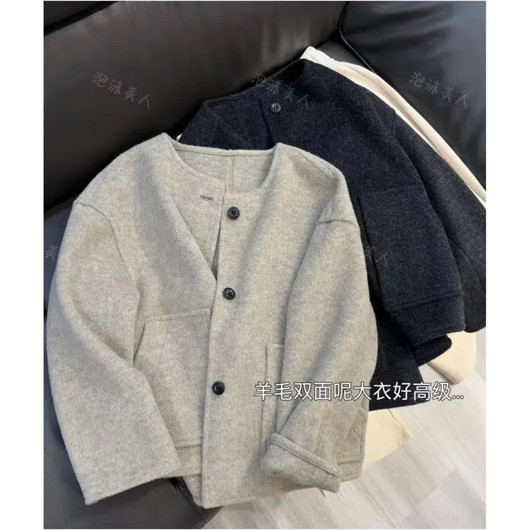 羊毛双面呢大衣」加厚冬季宽松小个子通勤时尚保暖毛呢外套（58-60