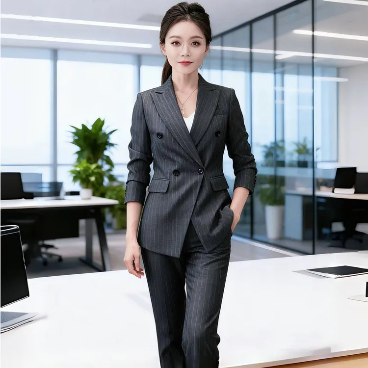 2025新品通勤白领套装休闲灰色西装冬季职业条纹西服套装修身显瘦