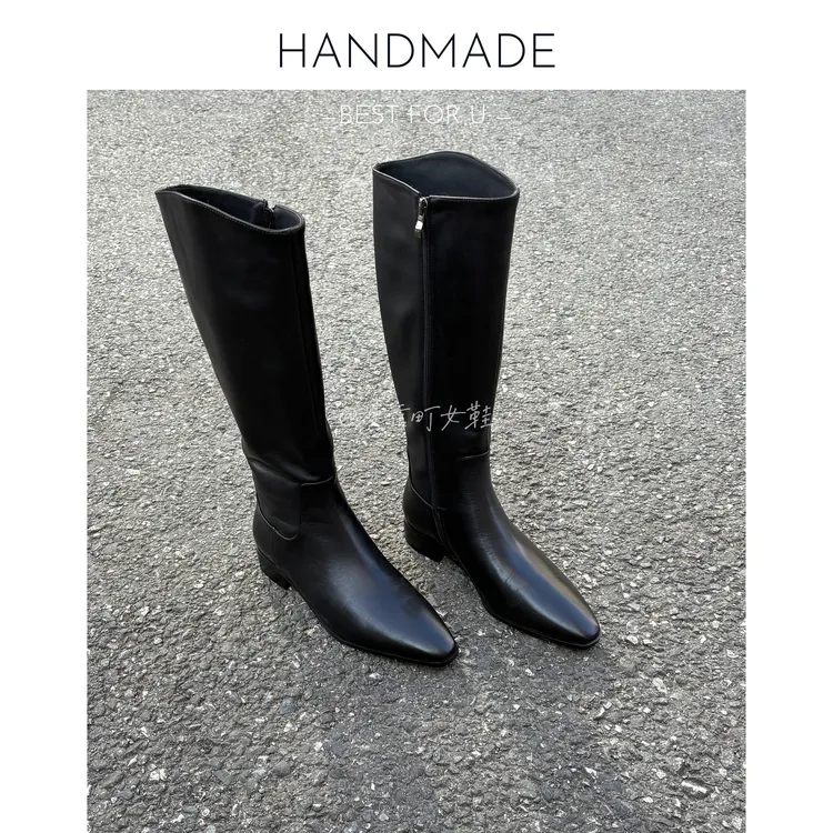 漫言町4cm头层牛皮圆头粗跟长靴骑士靴高筒不过膝黑色法式显瘦