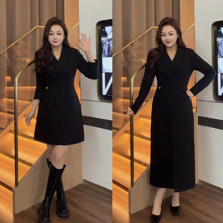 花菜微胖定制~【黑金法则】秋冬新款气质时尚设计感黑金配色小黑裙