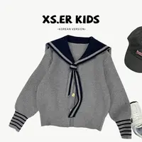 【西西】秋装儿童韩版时尚学院风撞色海军领披肩针织毛衣HCXZ4015