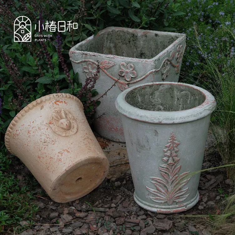 小椿日和  外贸粗陶花盆 复古做旧手工浮雕百搭简约组盆花园庭院