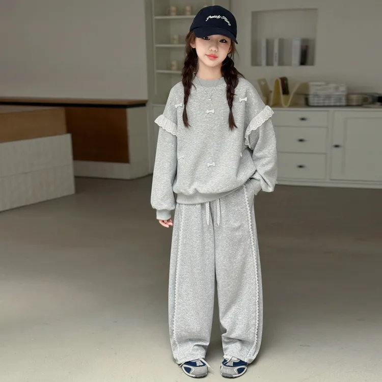 女童秋装套装时尚甜美花边蝴蝶结儿童洋气两件套8-15岁中大童童装