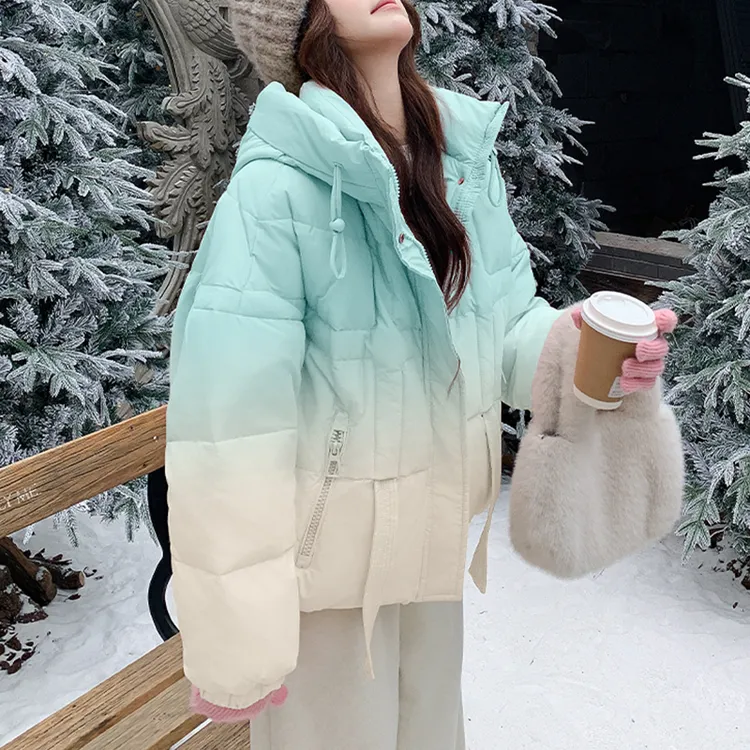 渐变蓝色超好看短款棉服女士冬季新款小众设计感流行爆款加厚外套