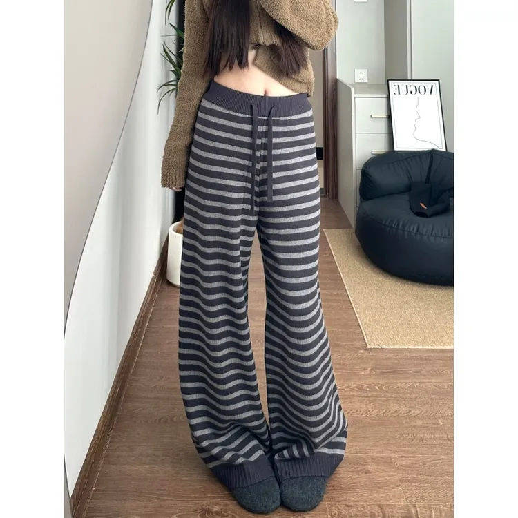 180高个子175加长复古条纹针织阔腿裤女显瘦慵懒垂坠感休闲拖地裤