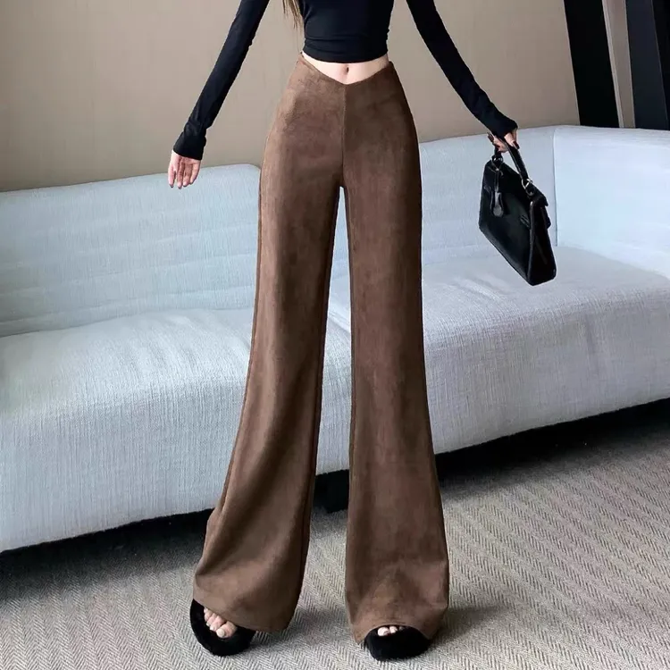 美式复古美拉德麂皮绒阔腿微喇叭裤女秋冬高腰垂感宽松直筒休闲裤