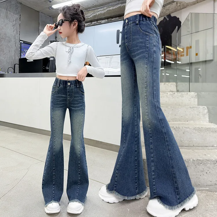 春秋女童毛边喇叭裤2025新款春装弹力修身春季大童女孩微喇牛仔裤