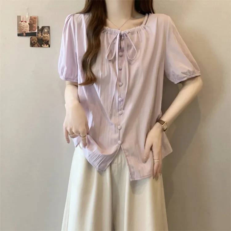 紫色高级感短袖衬衫女2025夏季大码胖mm遮肚娃娃衫法式泡泡袖上衣