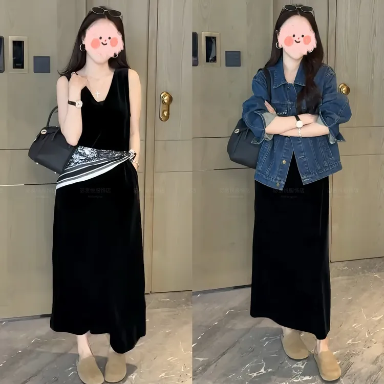 痞帅炸街风女装2025早秋V领丝绒连衣裙显瘦百搭牛仔外套气质套装