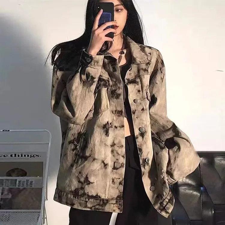 水洗扎染工装牛仔外套春秋季美式新款高街宽松复古上衣ins夹克