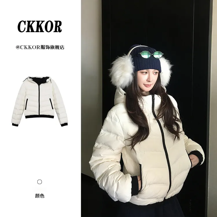 CKKOR冬季新款连帽短款保暖棉服外套女时尚气质宽松通勤风上衣服 