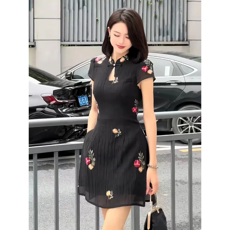 新中式女装黑色重工花卉刺绣连衣裙套装夏季国风改良版旗袍衫短裤