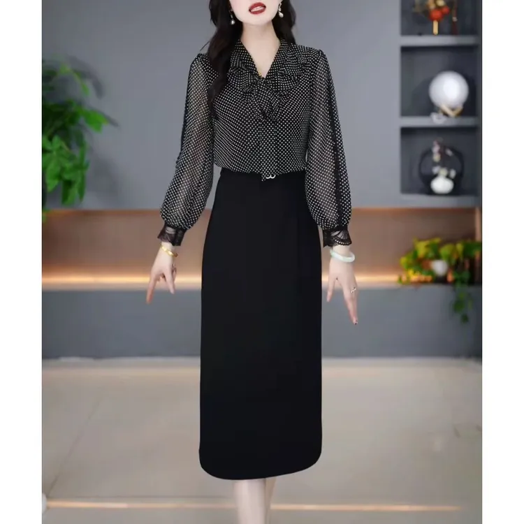 1282#法式波点拼接连衣裙女2025春季新款妈妈气质假两件裙子