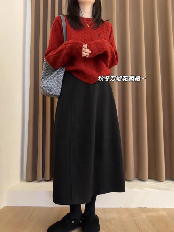 韩版气质毛呢半身裙女2025冬季新款大码胖mm遮胯显瘦a字花苞裙子