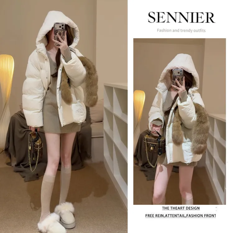 冬季穿搭一整套2025新款韩版保暖连帽棉服外套针织连衣裙两件套装