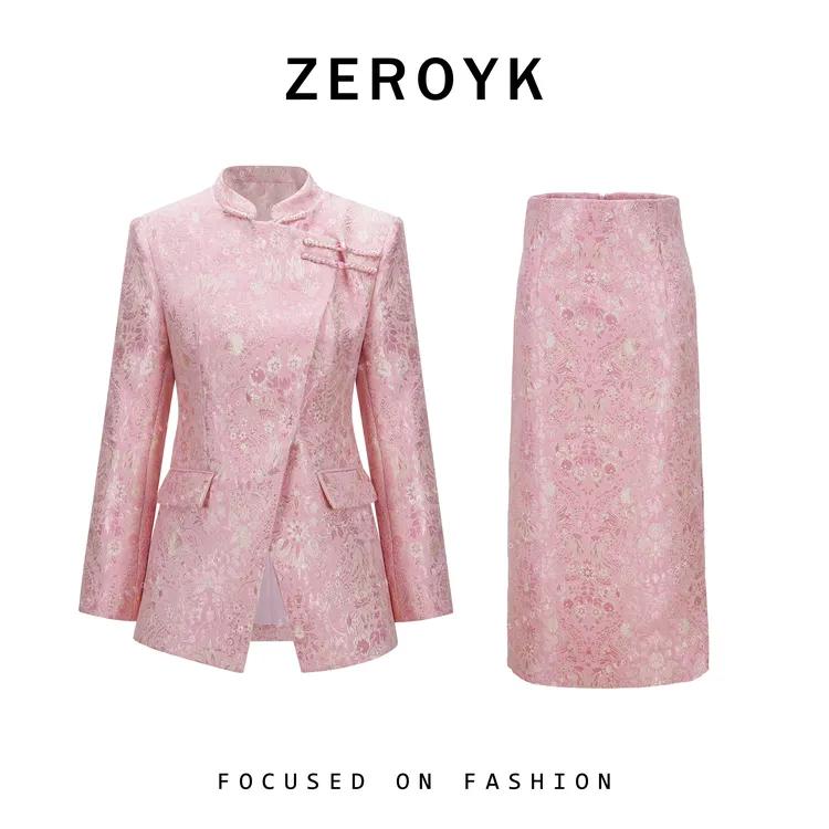 翎蔻高定职业装设计感中式复工提花盘扣西服半身裙两件套