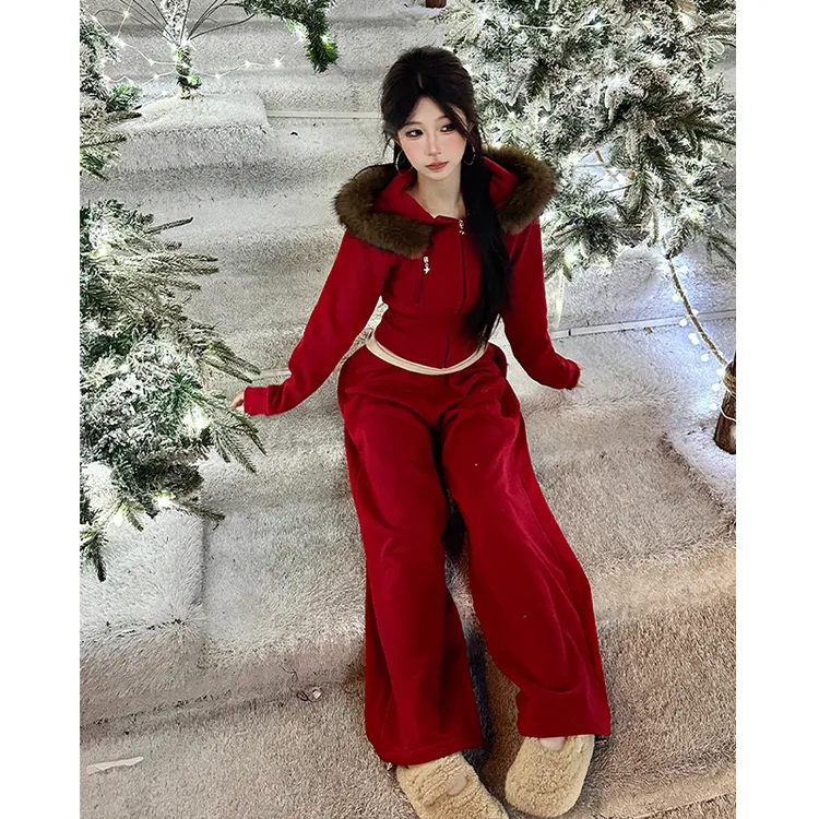 CAYK圣诞气氛加绒风超大毛领外套+拖地休闲阔腿裤两件套