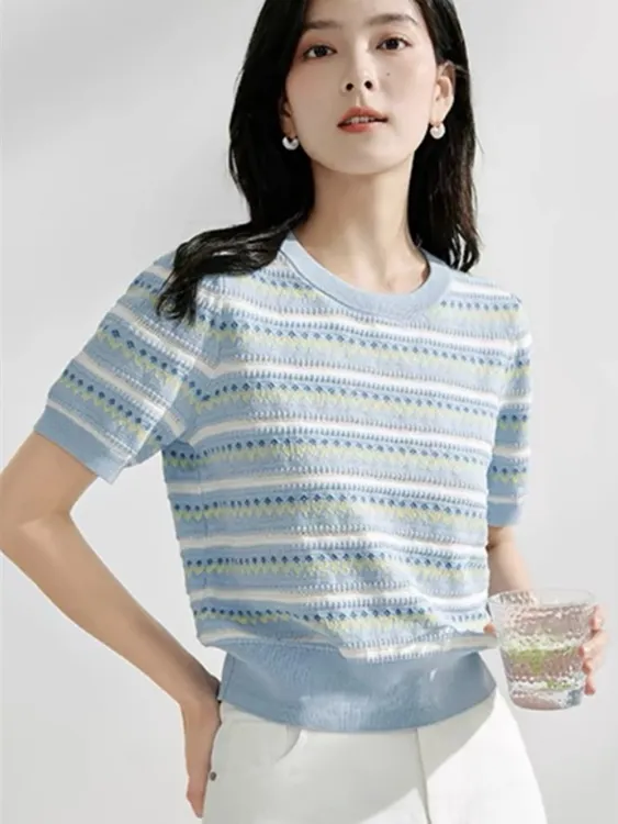 多巴胺针织镂空短袖t恤女圆领2025夏季新款宽松百搭条纹体恤上衣