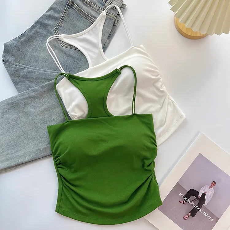 绿色抹胸挂脖露背吊带背心女外穿带胸垫美背文胸一体打底内搭上衣