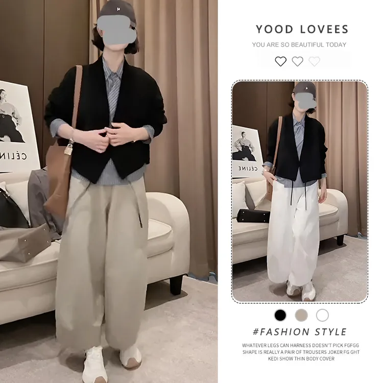 2025春秋新款松弛感百搭v领无扣长袖外套女设计感阔腿休闲裤套装