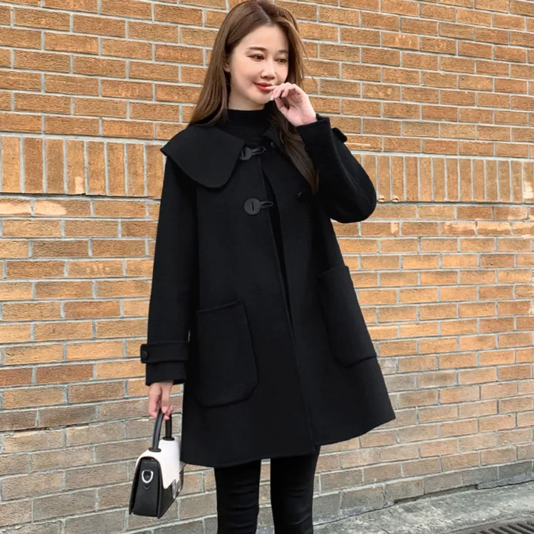 娃娃领黑色毛呢外套女秋冬中长款呢子外套夹棉加厚黑色大衣显瘦