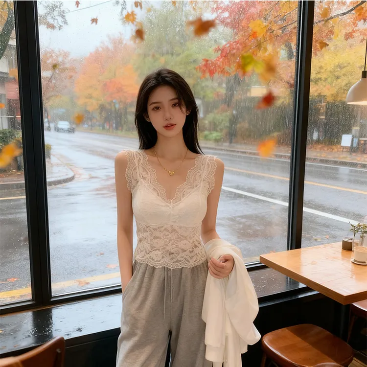 法式蕾丝吊带背心女外穿带胸垫美背文胸一体内衣西装内搭打底上衣