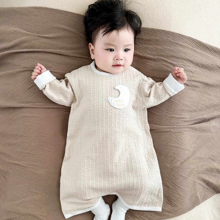 婴儿睡袍肩扣长袖秋冬双层厚款连体宝宝睡衣儿童空调服