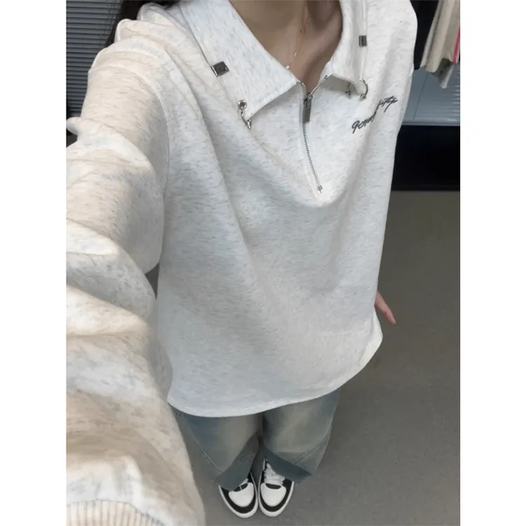 cleanfit白灰色半拉链卫衣男款早秋款重磅长袖t恤美式正肩polo衫