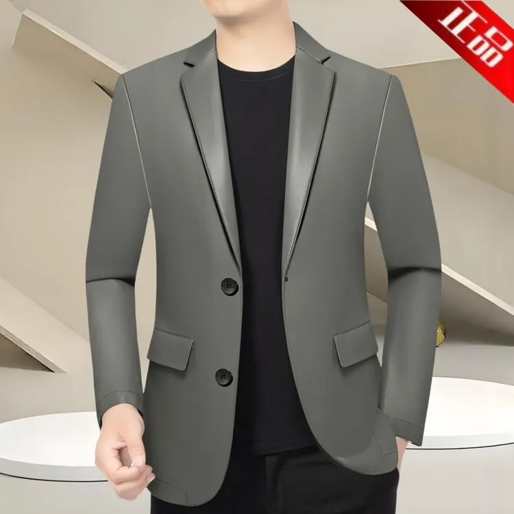 海宁皮西服韩版皮衣男皮西装行政男装中青年男士外套上衣休闲单西