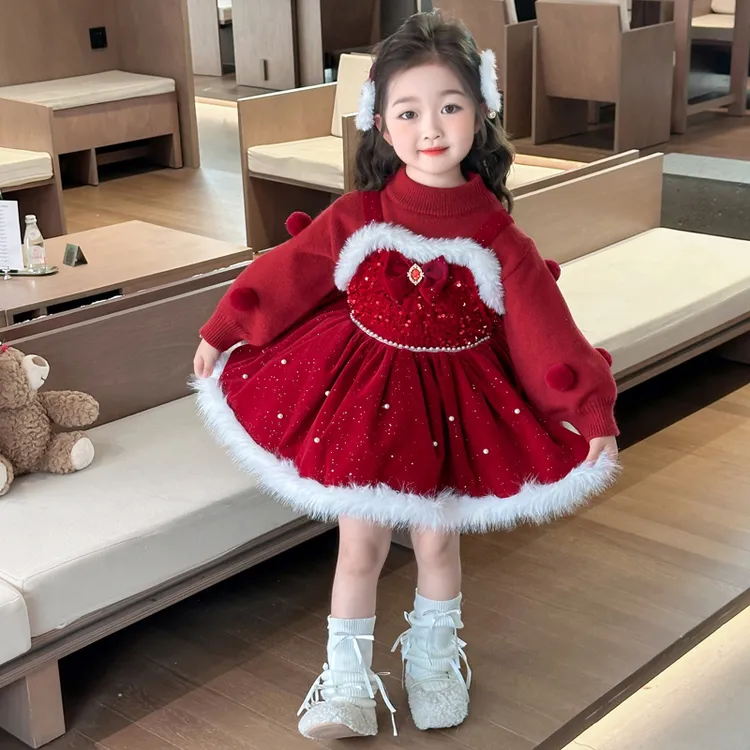 女小童加绒加厚公主裙洛丽塔女孩元旦圣诞新年拜年服红色生日礼服