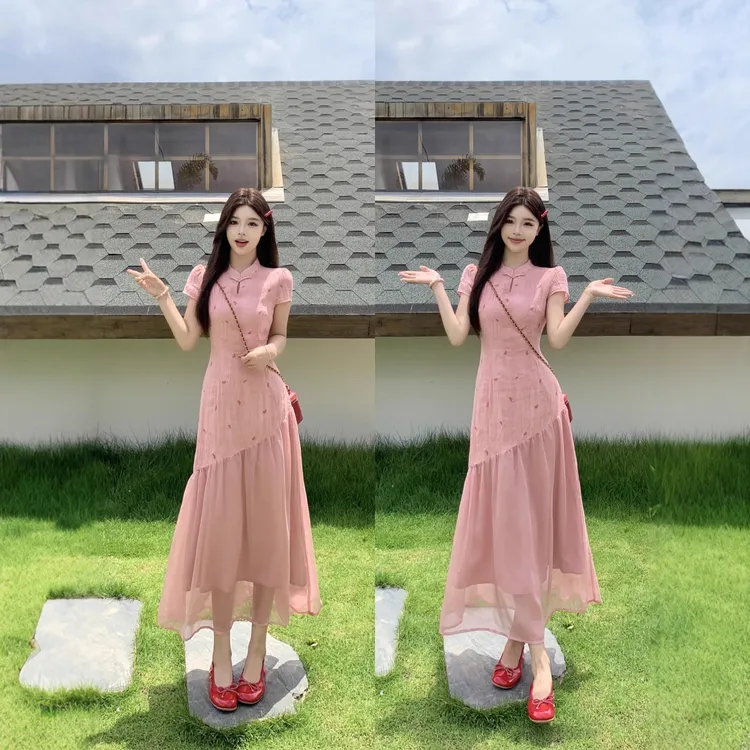wxnh6970新中式晕染爱心刺绣改良版假两件显瘦连衣裙2025新款