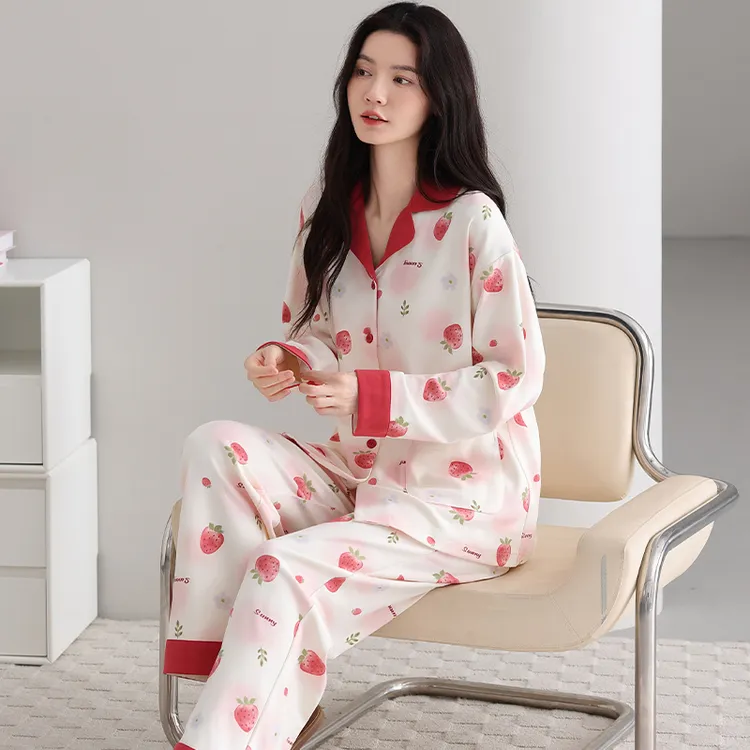 浪莎睡衣女纯棉春秋款长袖长裤翻领家居服可外穿甜美大码全棉套装