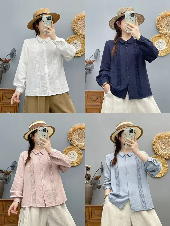 法式纯色纯棉棉纱蕾丝镂空衬衫女宽松刺绣衬衫百搭减龄时尚长袖
