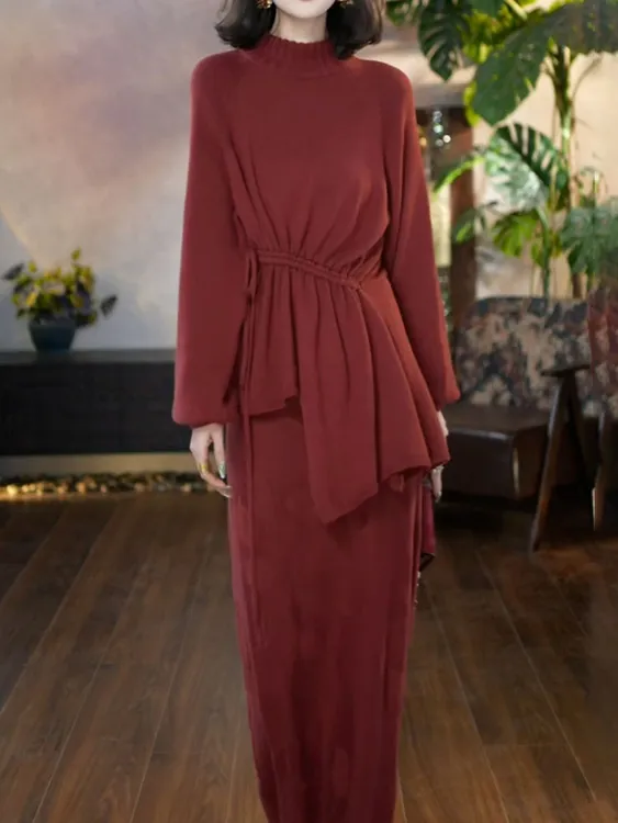 时尚洋气百搭针织套装2026春冬新款纯色简约收腰针织衫+半身长裙