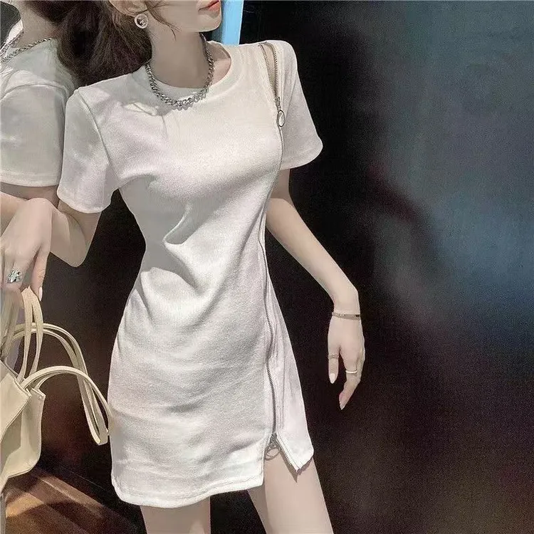 轻职风夏季拼接纯色连衣裙不规则白色小众性感