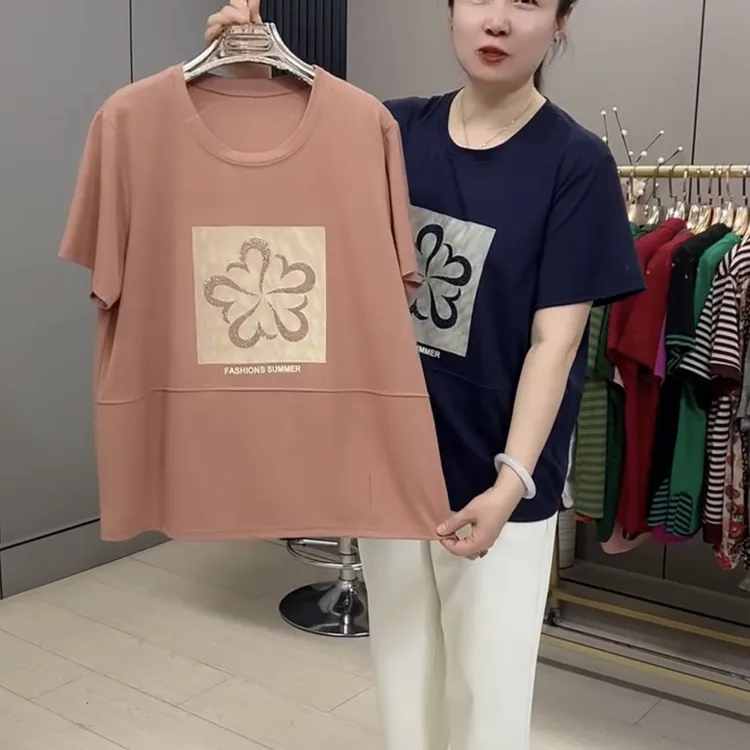 3111#时尚大码休闲常规款圆领半袖女士百搭上衣T恤