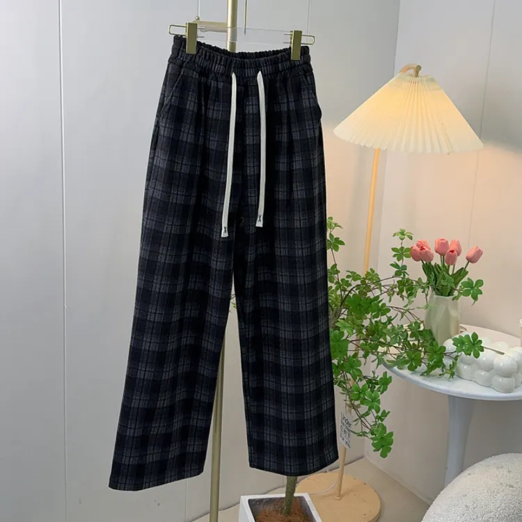 2025年秋阔腿高腰裤复古网红新款格子直筒裤休闲百搭显瘦长裤女