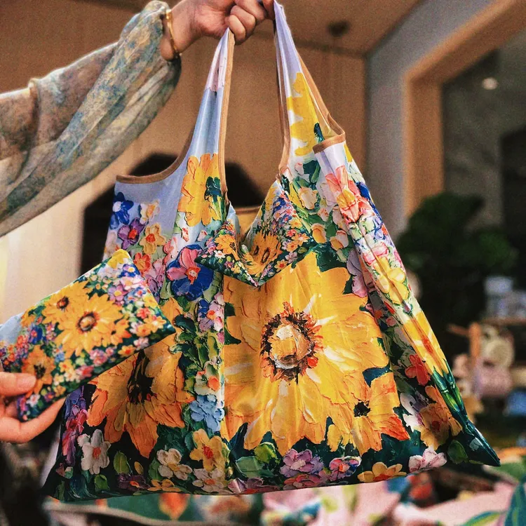 向日葵百合花梵高折叠环保旅行便携超市大容量单肩购物袋女买菜包