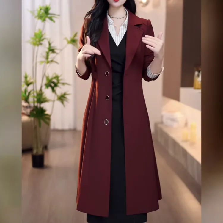 【风衣】2025秋款波尔多红气质女人味洋气百搭显瘦通勤中长款风衣