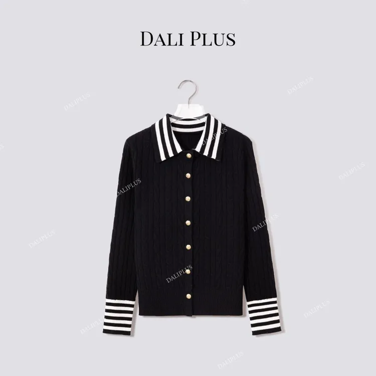 DALI PLUS“条纹翻领全羊毛针织”厚款针织开衫-D5SZ8211