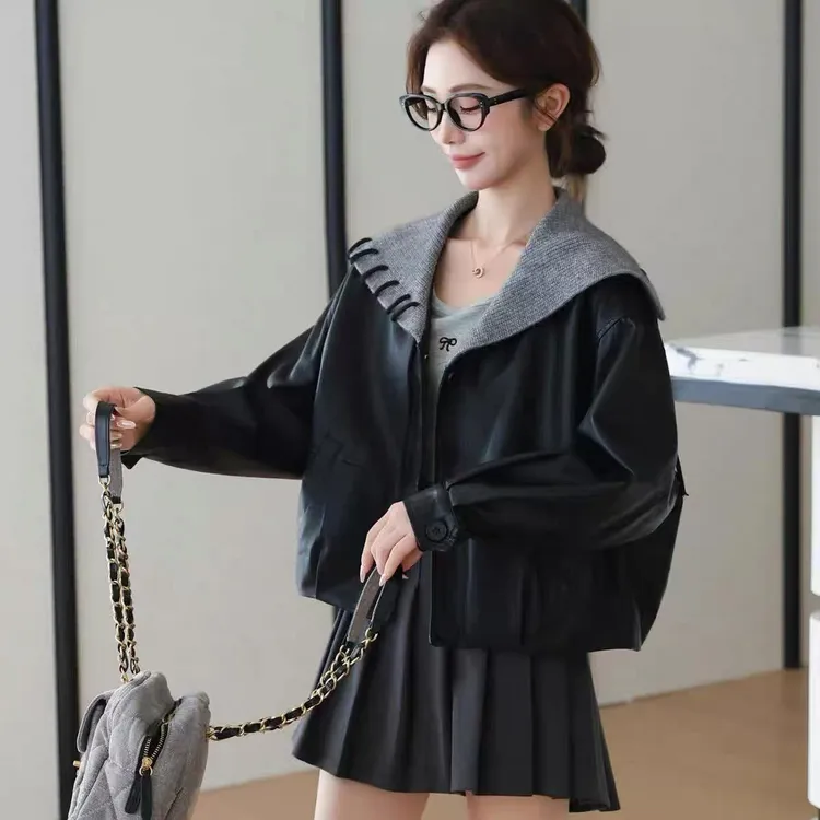 早秋新款设计感海军领pu皮衣夹克女休闲显瘦短款外套