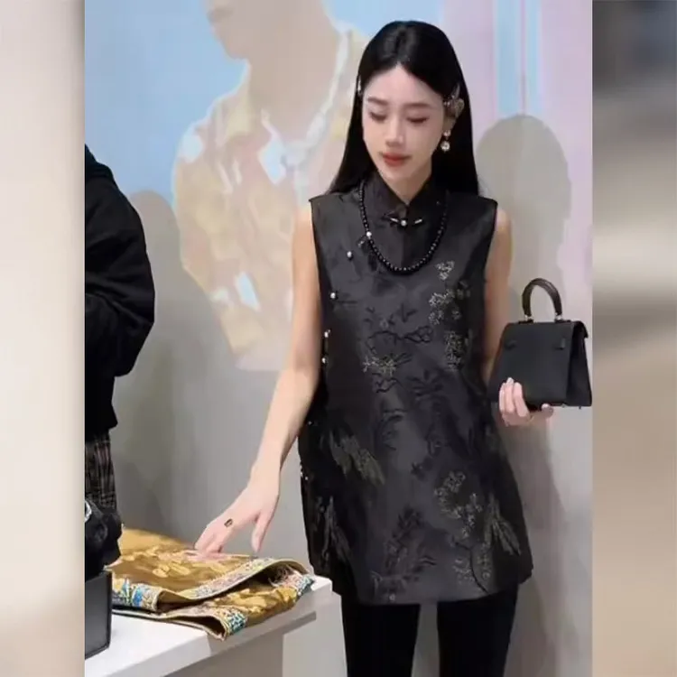 新中式国风黑色盘扣提花背心马甲女2025年新款夏季高级感气质上衣