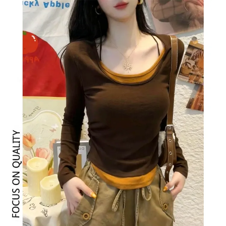 打底衫女款爆款2025新款打底衫假两件长袖独特漂亮小衫圆领拼色潮