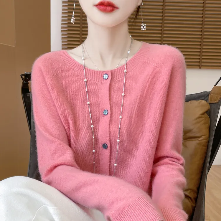 2025新款100%纯羊毛衫女开衫圆领宽松纯色百搭针织衫毛衣外套春秋