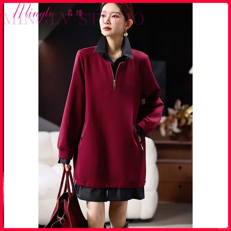 名缕时尚假两件翻领2025年秋季新款连衣裙女黑色中裙高端大码女装