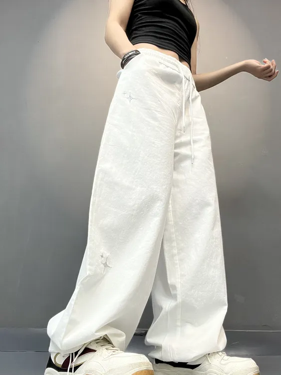 66188星星刺绣跳舞长裤阔腿宽松欧美设计感休闲百搭潮流抽绳薄款