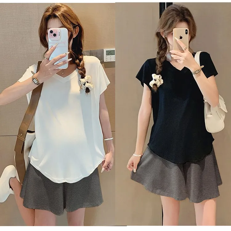 清】孕妇套装夏季短袖上衣女有口袋短裙裤孕妇时尚套装显瘦孕妇装