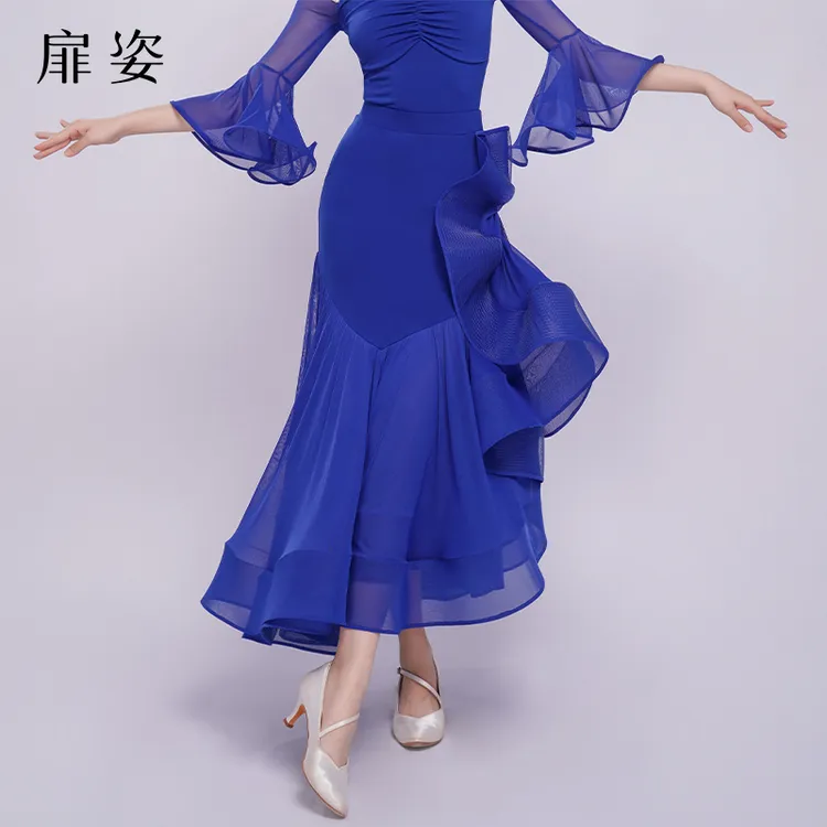 扉姿 摩登舞裙女士高档交谊舞演出服新款国标舞大裙摆半身裙F2142