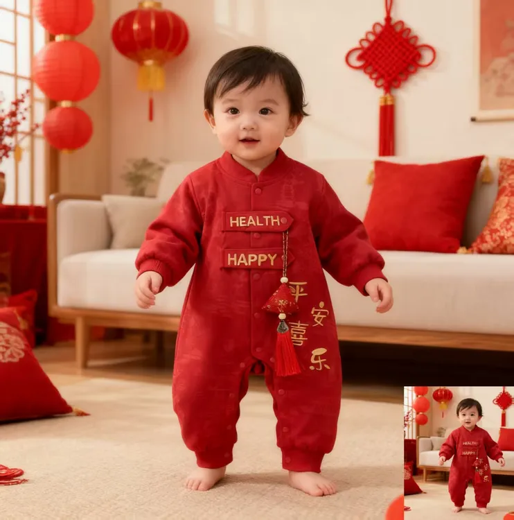 【高定版】新中式国风抓周服满月百天喜庆无骨双层连体宝宝冬季衣服