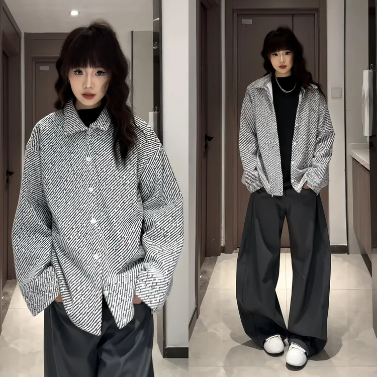 雪尼尔条纹长袖衬衫男冬季加绒加厚保暖内搭衬衣大码开衫夹克外套